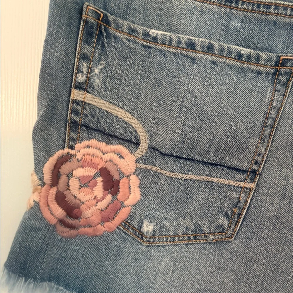 American Eagle, Blue Distressed Jean Shorts with Floral Embroidery, Sz. 14 - Picture 8 of 9
